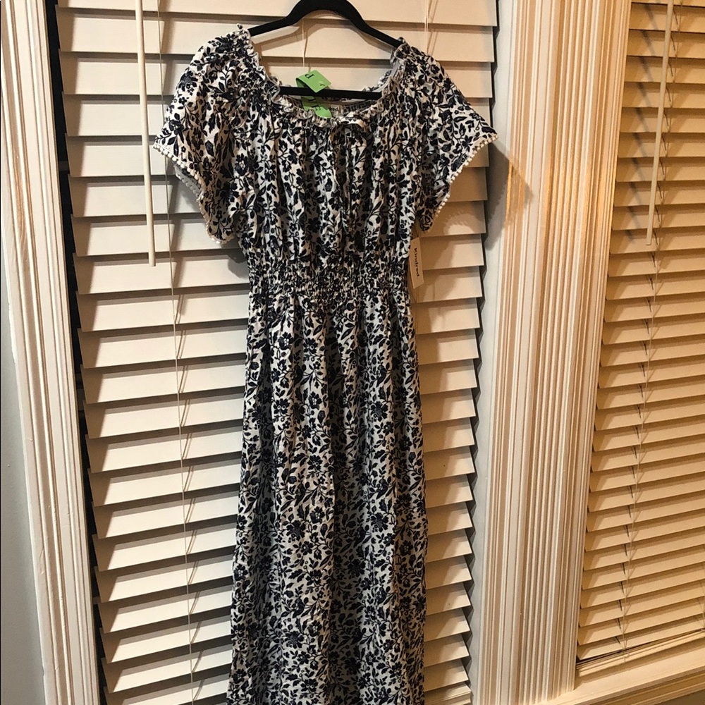 Smocked Waist Navy & White Floral Maxi Dress